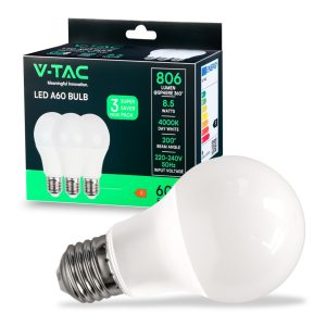 V-TAC LED žarulja 8,5w A60 E27 4000K, 3  kom u pakiranju SKU 217241 - Slika 1
